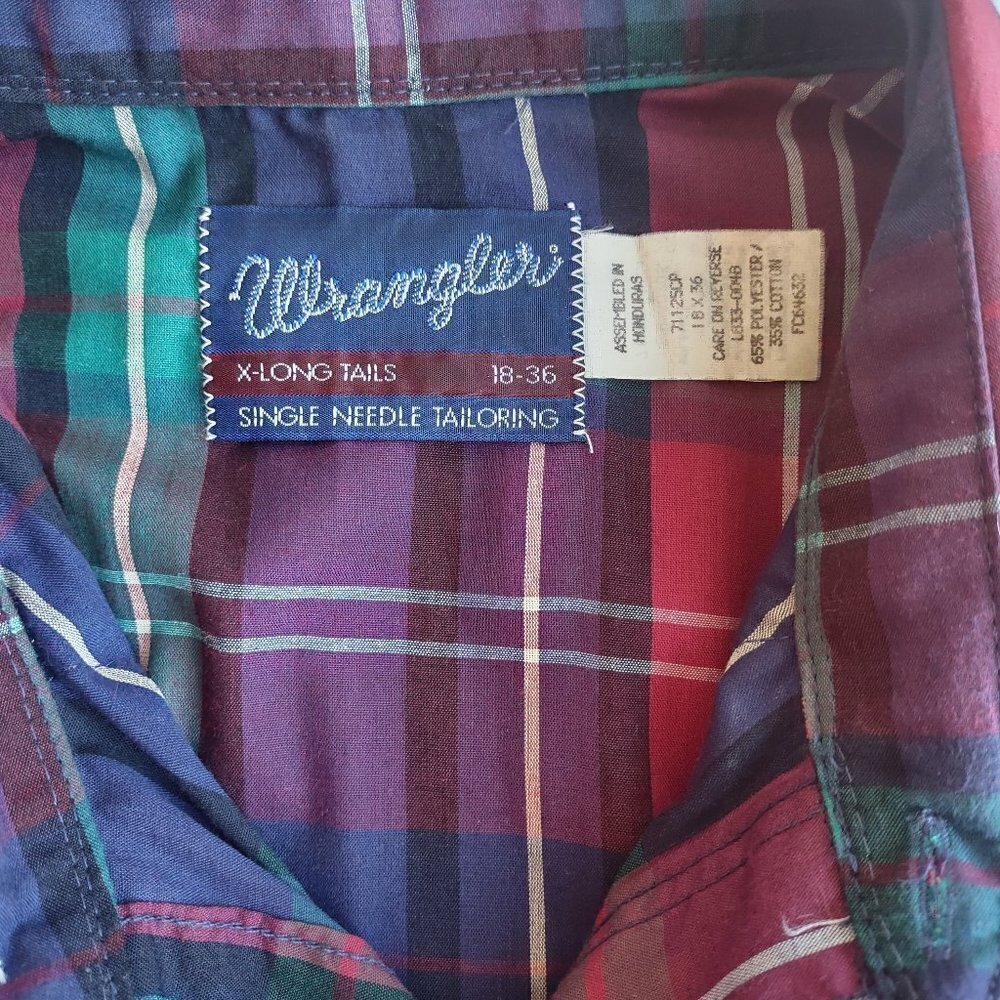 Vintage Wrangler Western Plaid Men's Shirt Pearl Snaps Size XL Tall - Picture 7 of 8
